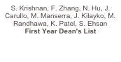 S. Krishnan, F. Zhang, N. Hu, J. Carullo, M. Manserra, J. Kilayko, M. Randhawa, K. Patel, S. Ehsan First Year Dean's List